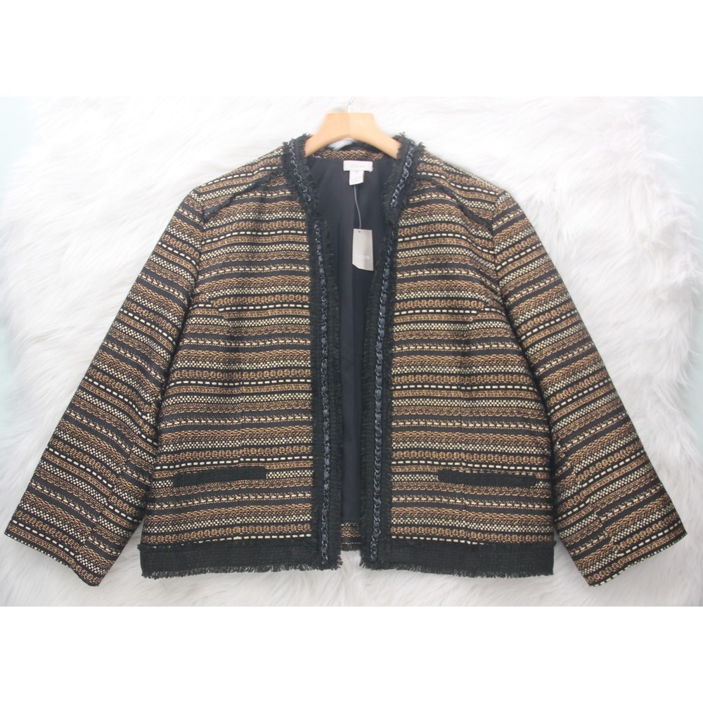 Chico's Women's XL Black Gold Royal Tweed Jacket Open Front Metallic Blazer Sz 3